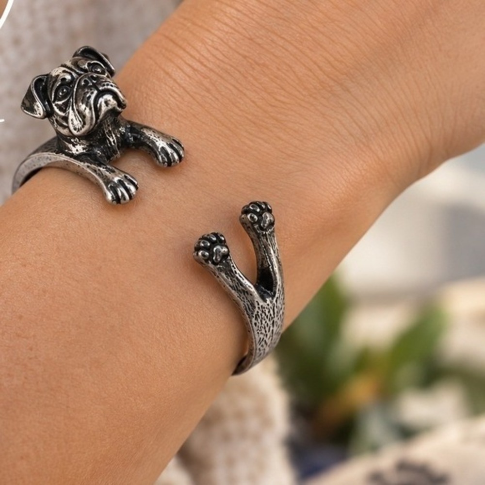 Treat A Dog Live Love Bark Silver Tone Dog Cuff Bracelet Figural Puppy